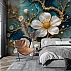 White Floral Gold Branch Wall Mural – Luxury Blue Artistic Design