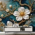 White Floral Gold Branch Wall Mural – Luxury Blue Artistic Design