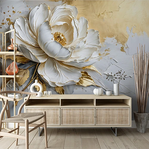 White Gold Flower Wall Mural – Elegant 3D Luxury Floral Design