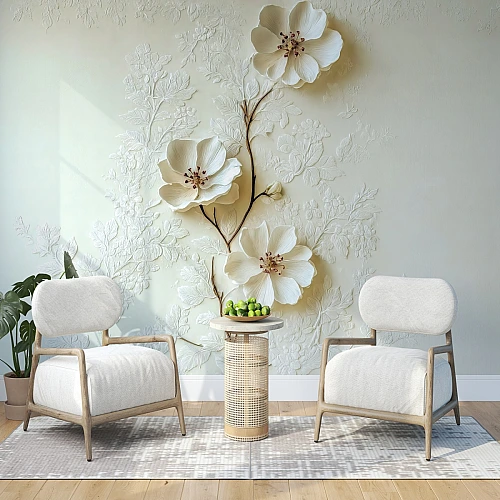White Floral Wall Mural – Elegant Gold Branch Minimal Design