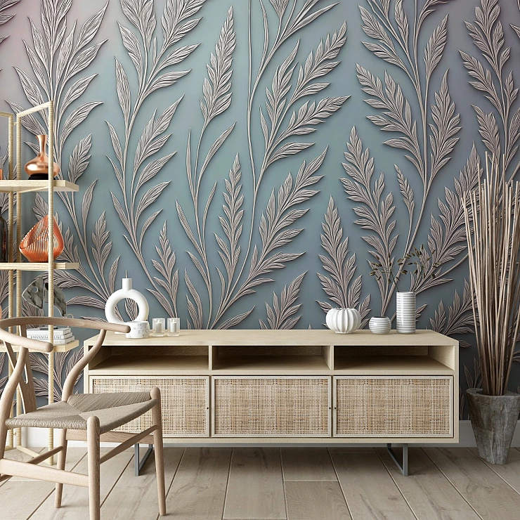 Blue Leaf Texture Wall Mural – Elegant 3D Botanical Relief Design Blue Leaf Texture Wall Mural – Elegant 3D Botanical Relief Design