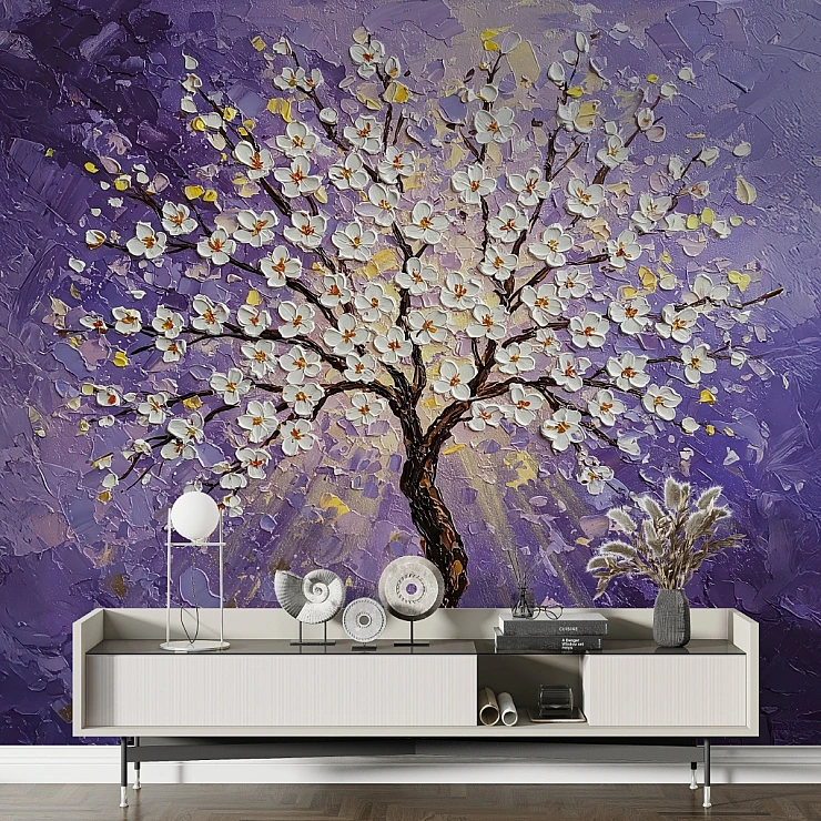 Purple Blossom Tree Wall Mural – Artistic Floral Texture Design