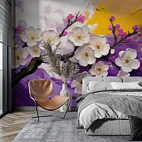 Purple Yellow Blossom Wall Mural – Artistic Floral Branch Design
