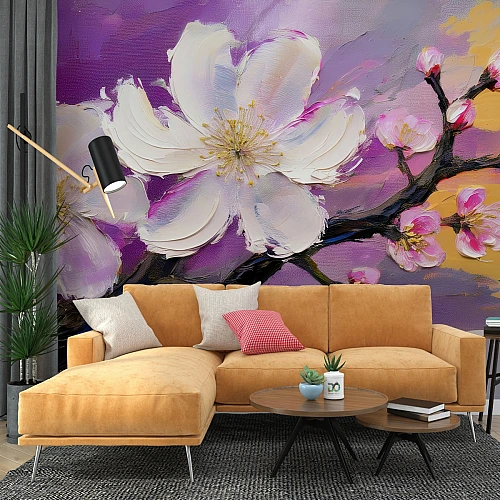Purple Floral Wall Mural – Bold White Blossom Artistic Statement Design