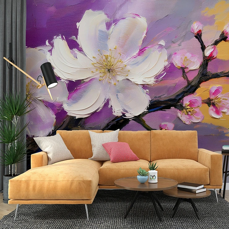 Purple Floral Wall Mural – Bold White Blossom Artistic Statement Design Purple Floral Wall Mural – Bold White Blossom Artistic Statement Design