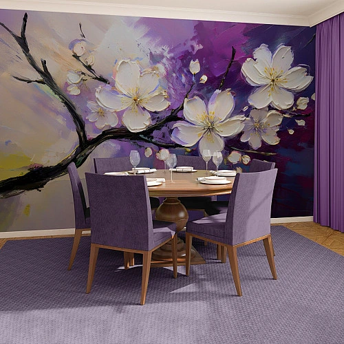 Purple Floral Branch Wall Mural – Artistic Blossom Painting Design