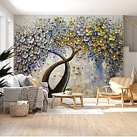 Golden Tree Wall Mural – Artistic Metallic Floral Landscape Design