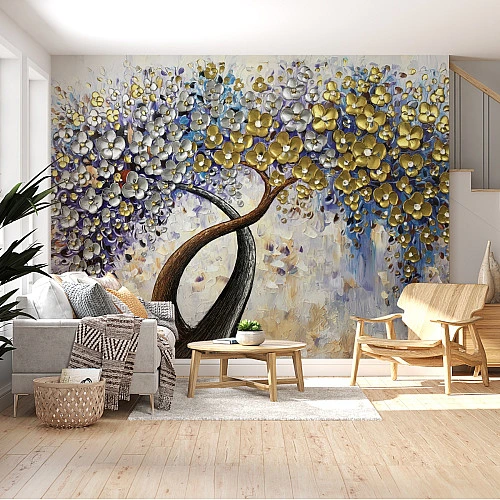 Golden Tree Wall Mural – Artistic Metallic Floral Landscape Design