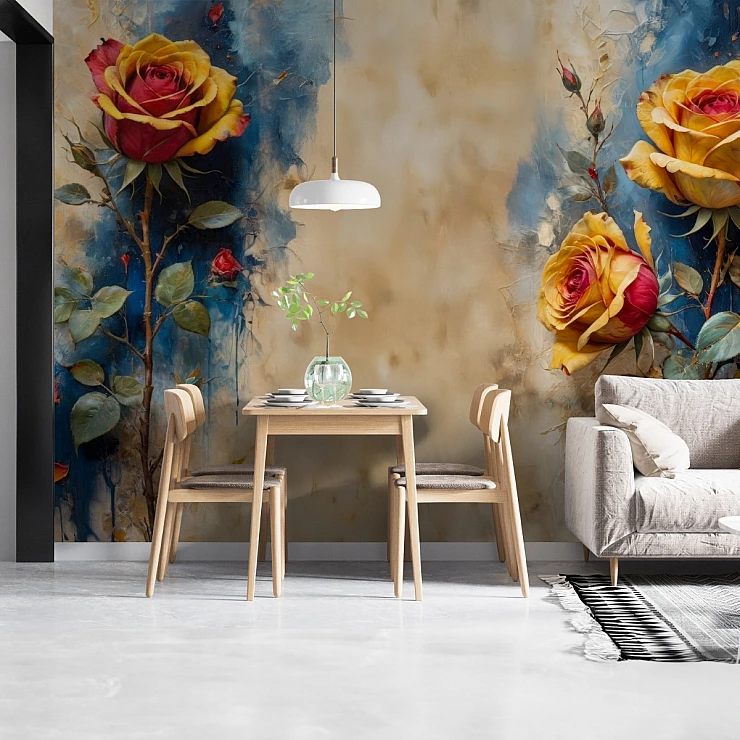 Artistic Rose Wall Mural – Bold Yellow Red Floral Painting Design Artistic Rose Wall Mural – Bold Yellow Red Floral Painting Design