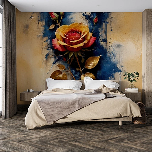 Golden Rose Wall Mural – Abstract Floral Luxury Art Design