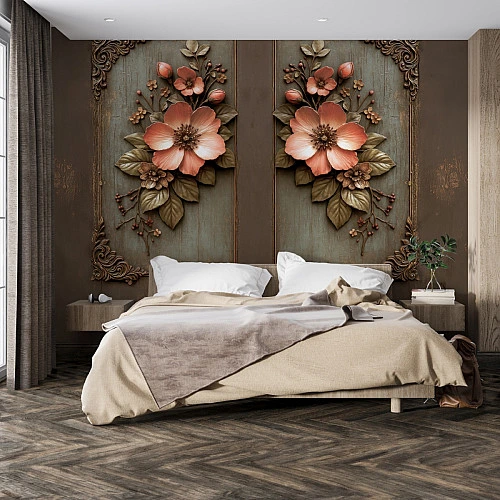 Rustic Floral Panel Wall Mural – Vintage Wooden Flower Relief Design