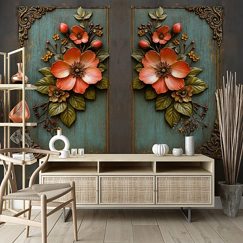 Vintage Floral Wood Panel Wall Mural – Elegant Botanical Relief Design