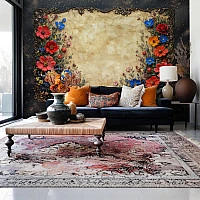 Vintage Floral Frame Wall Mural – Antique Background with Colorful Flowers