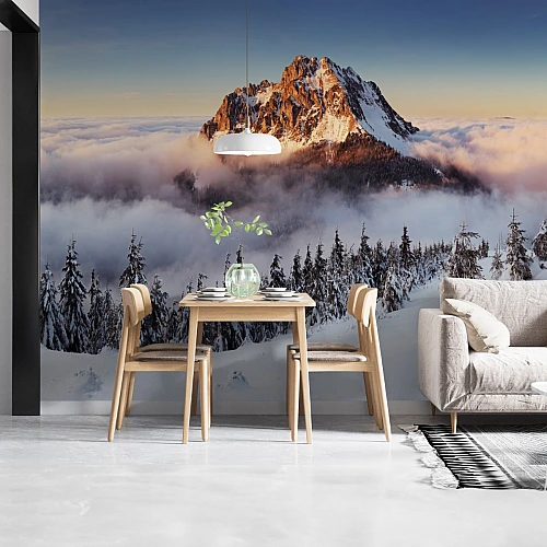 Snowy Mountain Above Clouds Wall Mural – Dramatic Alpine Peak Wallpaper for Dining Room