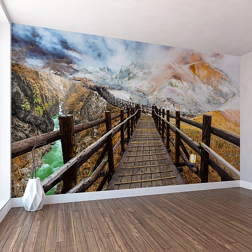 Mountain Boardwalk Adventure Wall Mural – Dramatic Canyon Landscape Wallpaper for Living Room