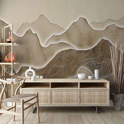 Beige Abstract Mountain Wall Mural – Modern Neutral Landscape Wallpaper for Living Room