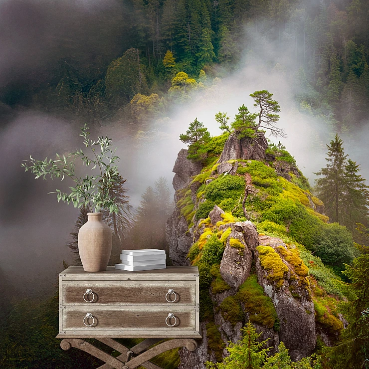 Misty Mountain Cliff Wall Mural – Lush Green Nature Landscape Design
