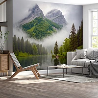 Misty Mountain Lake Wall Mural – Serene Forest Reflection Nature Design