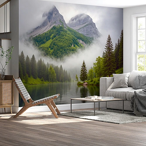 Misty Mountain Lake Wall Mural – Serene Forest Reflection Nature Design