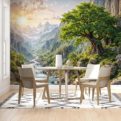 Sunlit Valley Tree Wall Mural – Majestic Mountain River Landscape Wallpaper for Dining Room
