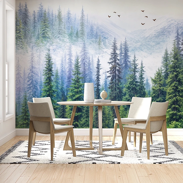 Layered Pine Forest Wall Mural – Misty Mountain Nature Landscape Design