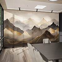 Golden Abstract Mountain Wall Mural – Luxury Modern Landscape Wallpaper for Office & Living Room