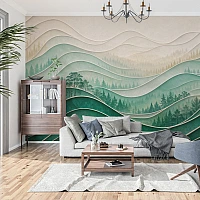 Green Forest Layered Wall Mural – Modern Wave Nature Design