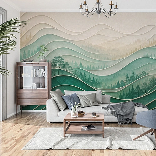 Green Forest Layered Wall Mural – Modern Wave Nature Design