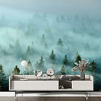 Foggy Pine Forest Wall Mural – Soft Blue Nature Landscape Design
