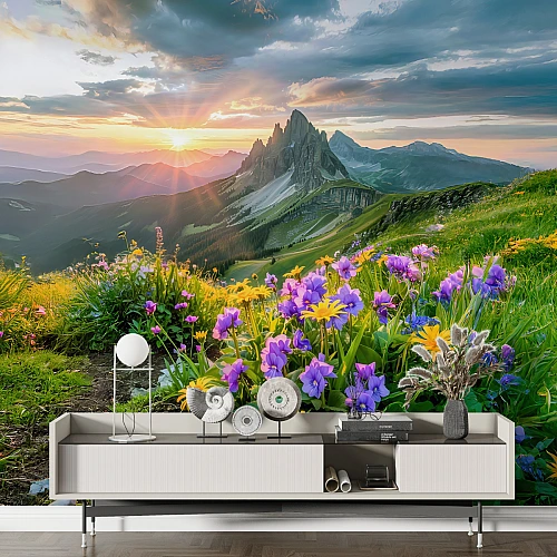 Sunrise Alpine Meadow Wall Mural – Scenic Mountain Landscape Wallpaper for Living Room
