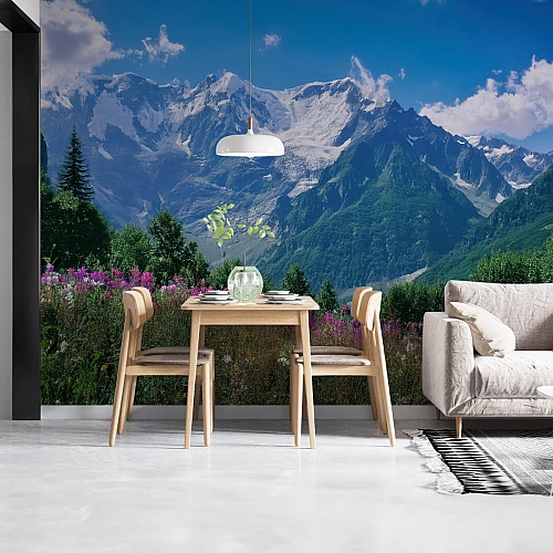 Alpine Mountain Landscape Wall Mural – Snow Peaks & Wildflower Valley View