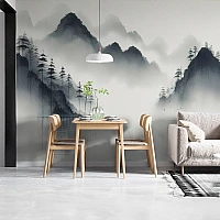 Misty Mountain Wall Mural – Minimal Ink Landscape Design