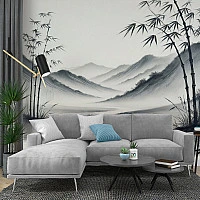 Zen Bamboo Ink Landscape Wall Mural – Minimal Asian Mountain Wallpaper