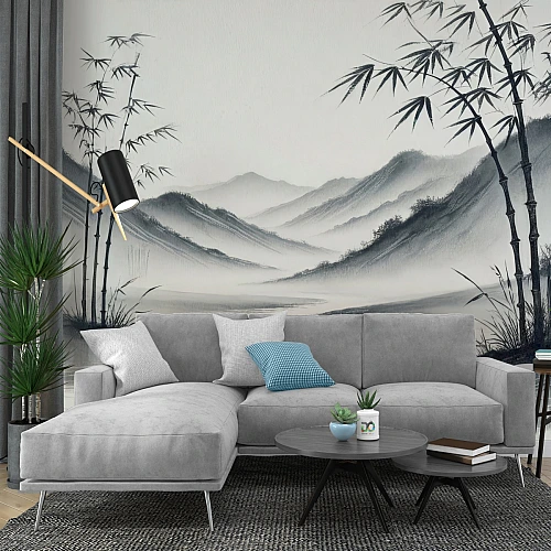 Zen Bamboo Ink Landscape Wall Mural – Minimal Asian Mountain Wallpaper