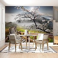 Cherry Blossom Path Wall Mural – Misty Mountain Scenic Landscape