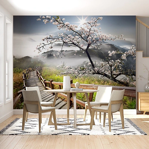 Cherry Blossom Path Wall Mural – Misty Mountain Scenic Landscape