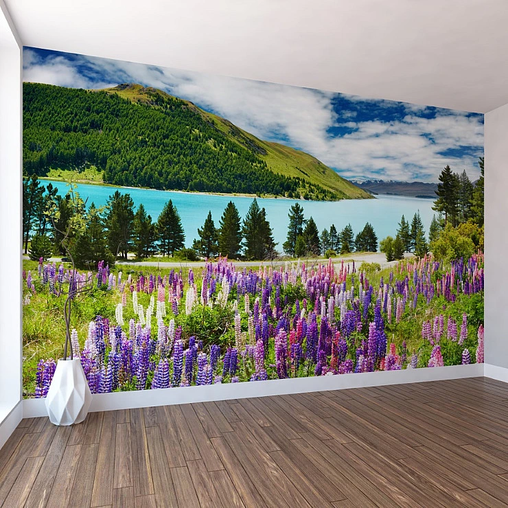 Wildflower Lake Landscape Wall Mural – Vibrant Nature Wallpaper for Living Room