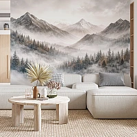 Misty Mountain Forest Wall Mural – Soft Neutral Landscape Design