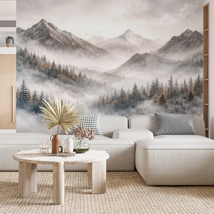 Misty Mountain Forest Wall Mural – Soft Neutral Landscape Design