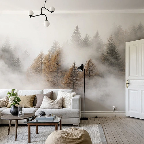 Soft Mist Forest Wall Mural – Neutral Autumn Trees Landscape Design