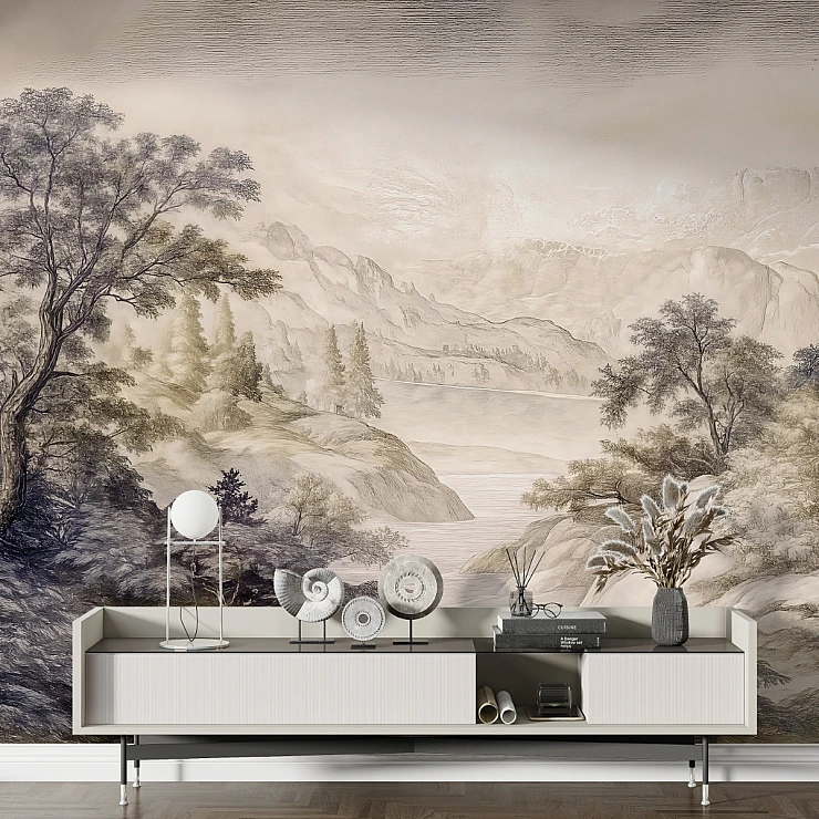 Sepia Mountain Landscape Wall Mural – Elegant Nature Sketch Design