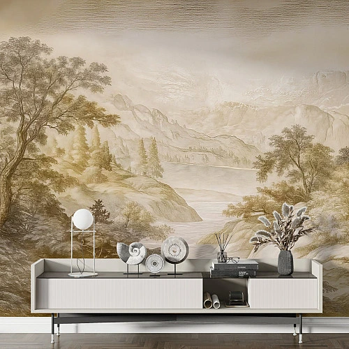 Vintage Sepia Landscape Wall Mural – Classic Scenic Nature Art Design