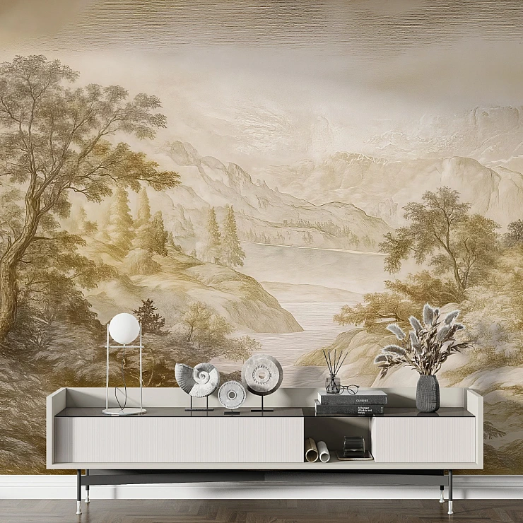 Vintage Sepia Landscape Wall Mural – Classic Scenic Nature Art Design