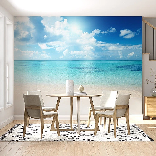 Turquoise Beach Paradise Wall Mural – Clear Ocean Sky Design