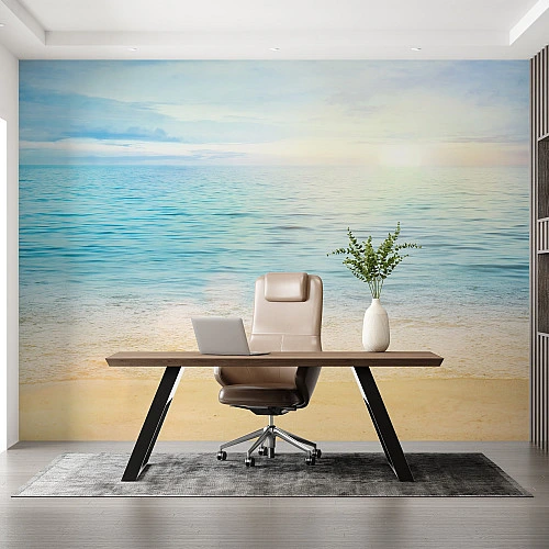 Calm Beach Shore Wall Mural – Minimal Ocean Horizon Design