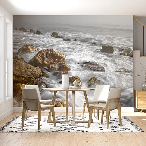 Rocky Shore Waves Wall Mural – Soft Coastal Sea Landscape Design
