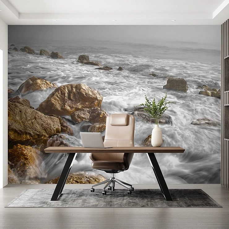 Rocky Shore Waves Wall Mural – Misty Ocean Seascape Wallpaper for Office & Living Room