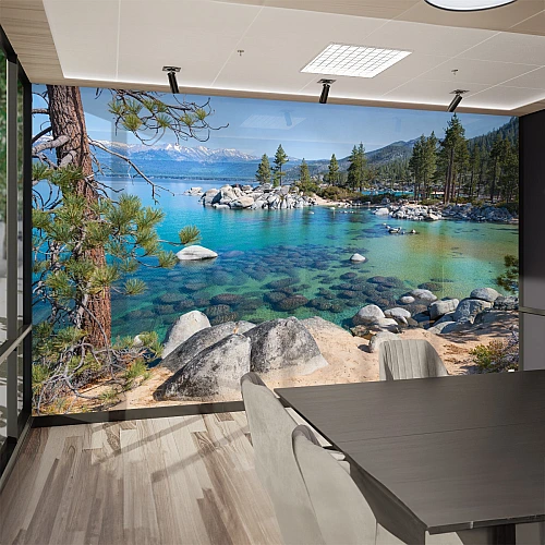 Crystal Clear Lake Wall Mural – Scenic Mountain Water Landscape Wallpaper for Office