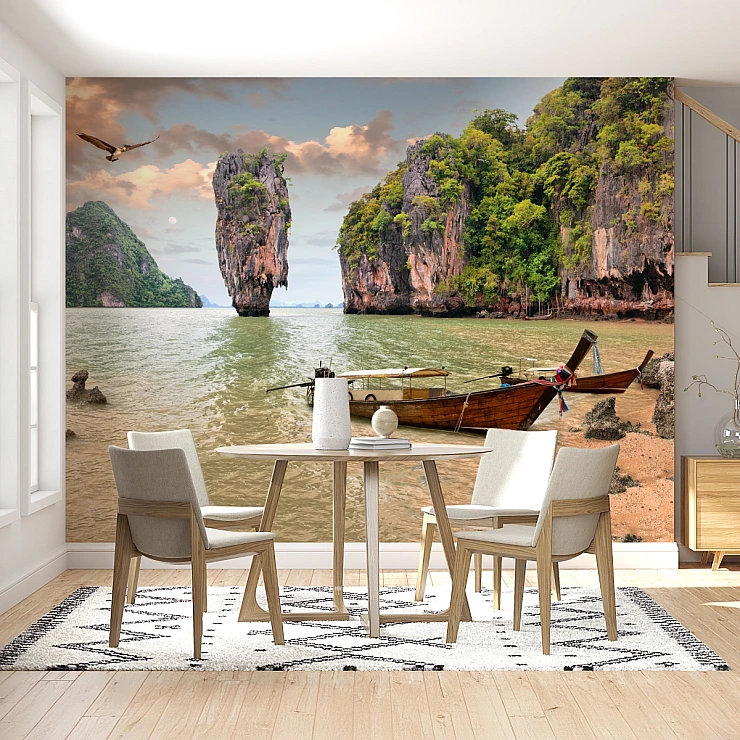 Thailand Beach Wall Mural – Tropical Cliffs Longtail Boat Design