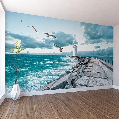 Lighthouse Seaside Wall Mural – Coastal Path Ocean View Design